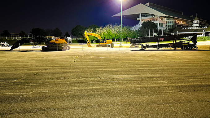 Demolition heavy equipment staged near the Arlington Park grandstand early morning hours Saturday, May 27, 2023