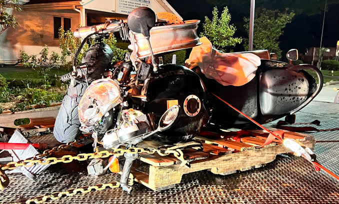 Motorcycle after a fatal crash at Devon Avenue and Ridge Avenue Thursday evening, May 18, 2023