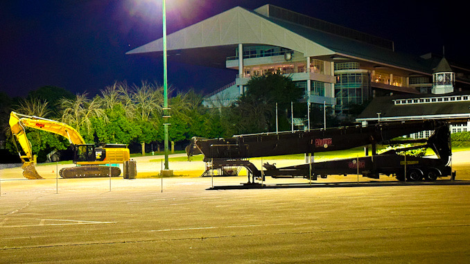 Demolition heavy equipment staged near the Arlington Park grandstand early morning hours Saturday, May 27, 2023 (CARDINAL NEWS)