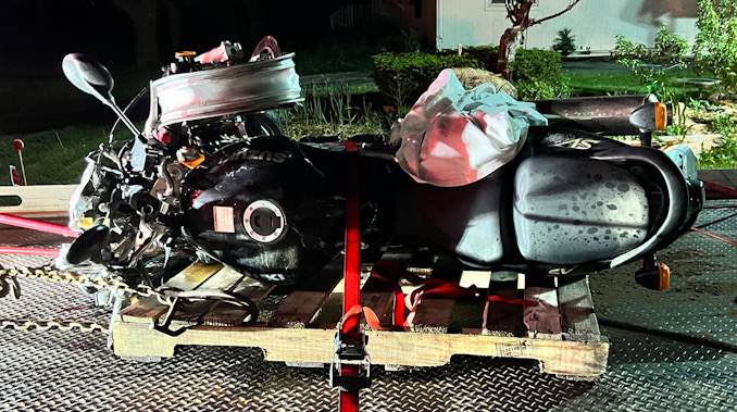 Motorcycle after a fatal crash at Devon Avenue and Ridge Avenue Thursday evening, May 18, 2023