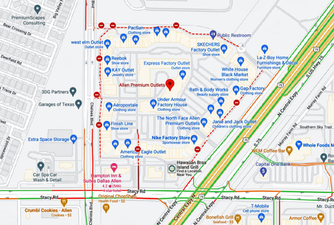 Allen Premium Outlets Mall Shooting "Live traffic" map at 6:05 p.m. Saturday, May 6, 2023 in Allen, Texas (Map data ©2023 Google)