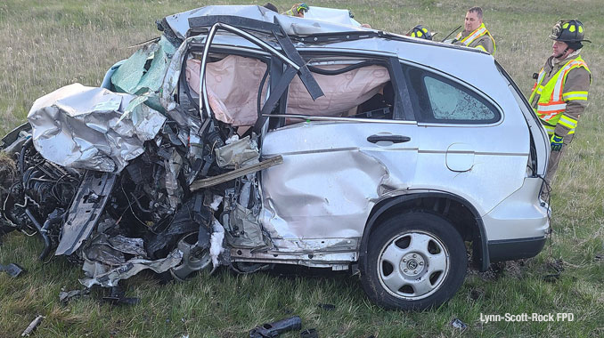 Vehicle damaged in a wrong-way crash on Interstate 39 on Monday, April 24, 2023 (SOURCE: Lynn-Scott-Rock FPD)