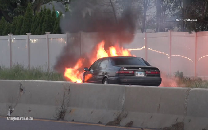 Car fire involving a Toyota Camry on Palatine Road west of Windsor Drive in Arlington Heights, Tuesday, May 30, 2023