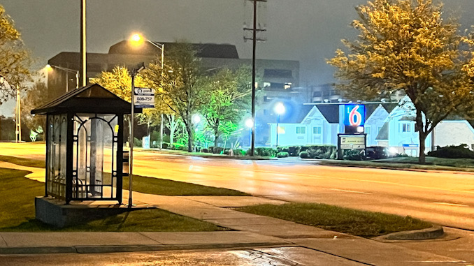 Bus stop shelter near the block of 400 block of West Algonquin Road; no prominent shelters are visible in the block of 400 East Algonquin Road in Arlington Heights