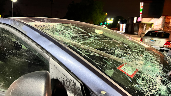 Windshield damage on a car that was involved in a fatal crash with a motorcycle at Devon Avenue and Ridge Avenue Elk Grove Village