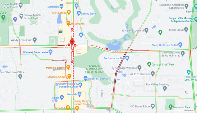 Randall Road and Fabyan Parkway shootout scene (Map data ©2023 Google)