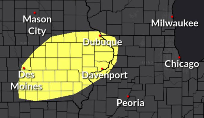 Thunderstorm area in yellow at 8-11 PM will move east but there hasn't been that much development Saturday evening (GRAPHIC from NWS Chicago)