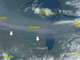 Upper level smoke from wildfires in Alberta is expected to be visible the next few days as possibly hazy/milky skies by day and a reddish pink tint to the sun at sunset through late week. Shown is an annotated regional satellite image. (SOURCE: NWS Chicago)