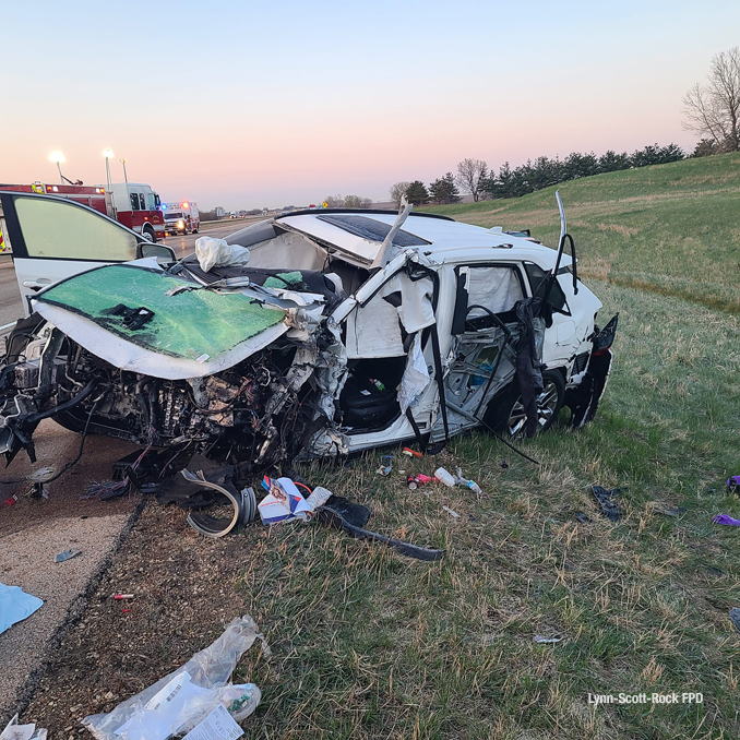 Vehicle damaged in a wrong-way crash on Interstate 39 on Monday, April 24, 2023 (SOURCE: Lynn-Scott-Rock FPD)