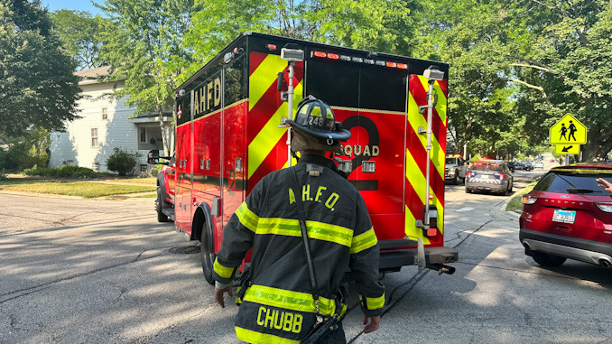 Arlington Heights Fire Department Squad 2 at the scene after a T-bone style crash at Euclid Avenue and Haddow Avenue in Arlington Heights on Monday, June 19, 2023 (CARDINAL NEWS)