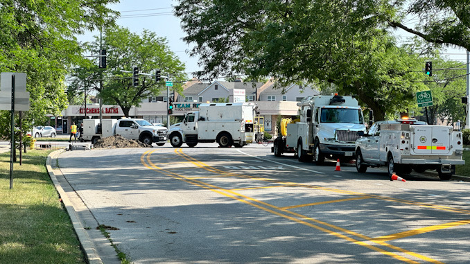 Gas line repairs after gas fueled fire was reported around 6:00 a.m. Saturday morning June 24, 2023 on the north side of Golf Road west of Meier Road in Mount Prospect