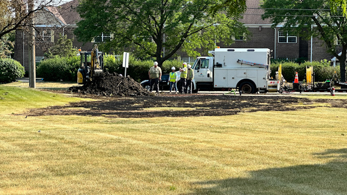 Gas line repairs after gas fueled fire was reported around 6:00 a.m. Saturday morning June 24, 2023 on the north side of Golf Road west of Meier Road in Mount Prospect