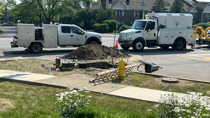 Gas line repairs after gas fueled fire was reported around 6:00 a.m. Saturday morning June 24, 2023 on the north side of Golf Road west of Meier Road in Mount Prospect