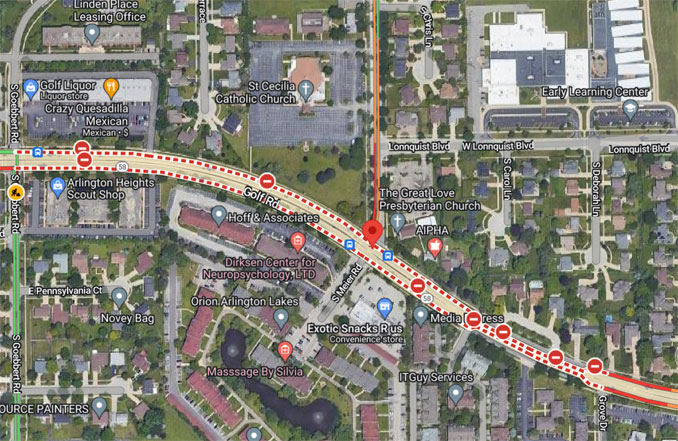 Golf Road closure east of Goebbert Road indicated on Google maps satellite view with the traffic layer on Saturday, June 24, 2023.