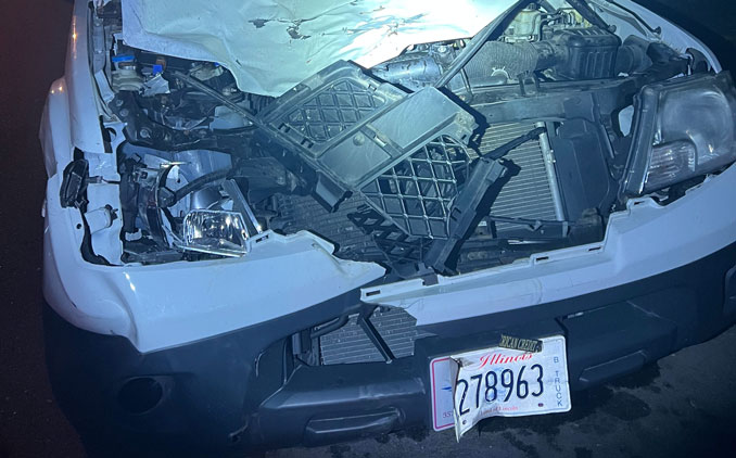 Damaged Nissan pickup truck after hit-and-run driver hit and killed two horses Tuesday, June 27, 2023 (SOURCE: Lake County Sheriff's Office)