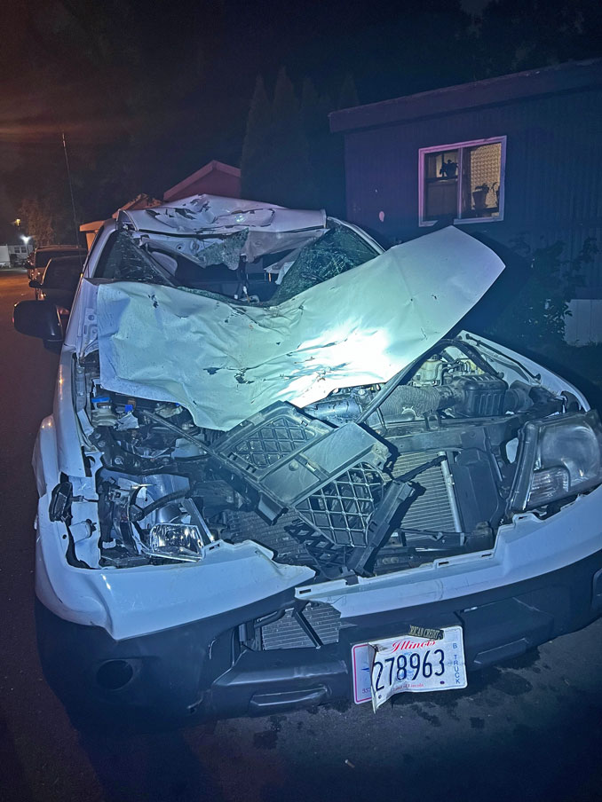 Damaged Nissan pickup truck after hit-and-run driver hit and killed two horses Tuesday, June 27, 2023 (SOURCE: Lake County Sheriff's Office)