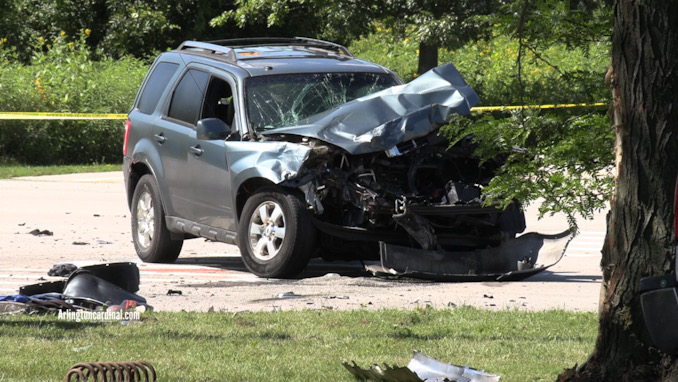 Severe front damage to a Ford Escape SUV after a fatal crash at Washington Street and Atkinson Road in Grayslake on Saturday, July 29, 2023