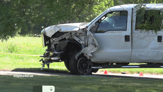 White Ford F-350 pickup truck with front driver's side damage after a fatal crash in Grayslake on Saturday, July 29, 2023