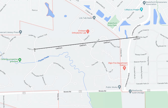 Distance of about 4200 feet from Catatoga to Edgewater in the southwest Elgin area.