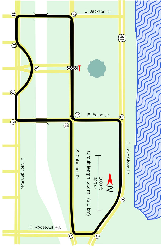 Map of proposed 2.2-mile NASCAR street course for 2023 Chicago Street Race in Grant Park in downtown Chicago (Mindfrieze/CC BY-SA 4.0)