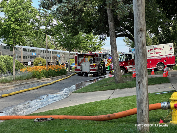 Firefighters on scene of a small fire involving a Metra locomotive in Mount Prospect on Thursday, July 20, 2023 (PHOTO CREDIT: TJ Seputis)