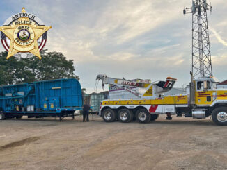 Moby Dick carnival ride connected to an Antioch Automotive rotator tow truck as police take possession for a criminal investigation (SOURCE: Antioch Police Department)