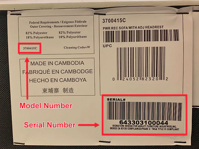 Sample tag under Ashley furniture product that was recalled due to a fire hazard risk. (SOURCE: Ashley Furniture)