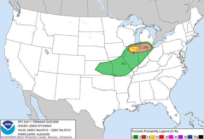 Hatched area indicates 10% or greater probability of EF2 - EF5 tornadoes within 25 miles of a point (SOURCE: NOAA Storm Prediction Center Convective Outlook). 