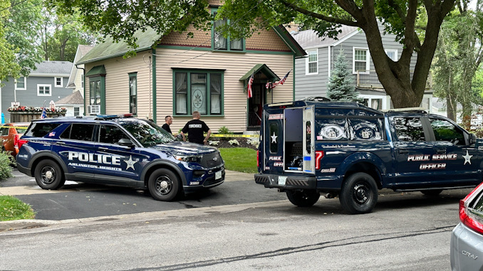 Scene at front yard and driveway on Campbell Street just west of downtown Arlington Heights