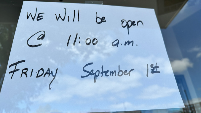 Bird's Nest announcing their first day open for business on Friday, September 1, 2023 with a sign on the front door at 11 West Davis Street, Arlington Heights (CARDINAL NEWS)