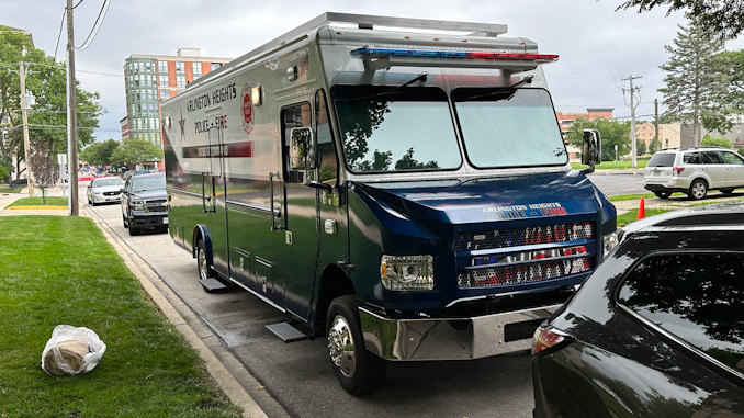 Arlington Heights Police and Fire command van utilized as mobile evidence collection facility at scene on Campbell Street just west of downtown Arlington Heights