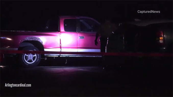 Bullet hole behind the passenger door of a red pickup truck after a shooting at the Crave bar parking lot July 1, 2023 (Provided photo with source withheld)