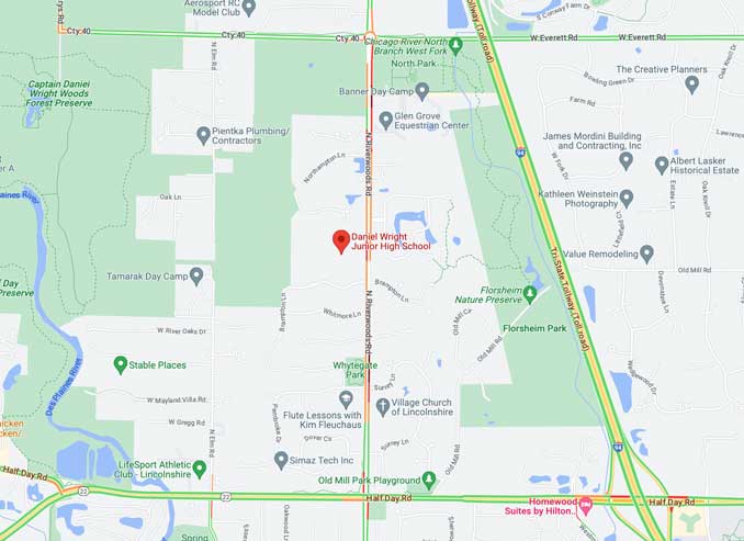 Traffic Map of area of Daniel Wright Junior High School at 9:30 a.m. Monday, August 28, 2023 during investigation of an Active Threat described as a bomb threat (Google Map data ©2023)