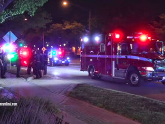 Arlington Heights police, firefighters, and paramedics at the scene of a hit-and-run car vs pedestrian crash at Vail Avenue and Northwest Highway on August 5, 2023 (CARDINAL NEWS)