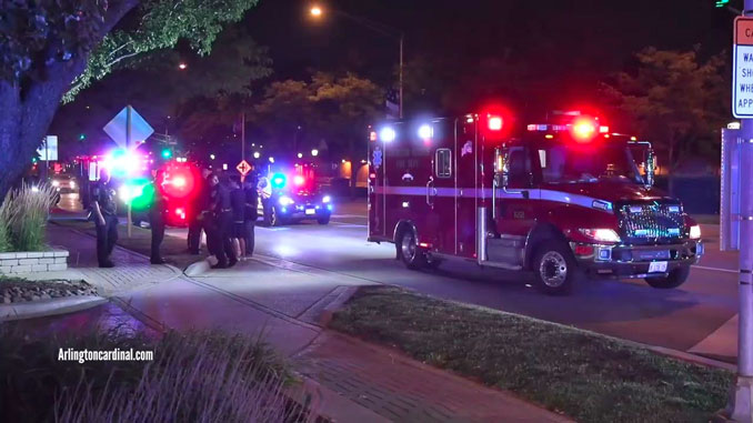 Arlington Heights police, firefighters, and paramedics at the scene of a hit-and-run car vs pedestrian crash at Vail Avenue and Northwest Highway on August 5, 2023 (CARDINAL NEWS)
