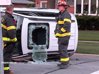 White Subaru SUV rolled over to the driver's side on Waterman Avenue just north of Kensington Road in Arlington Heights, Thursday evening, August 3, 2023 (CARDINAL NEWS)