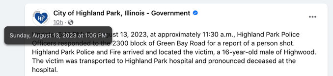 Original Post was published on Sunday, August 13, 2023 at 1:05 p.m. and updated at 5:15 p.m. (SOURCE: Official City of Highland Park/Facebook)