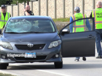 Toyota Corolla with windshield damage and hood damage after striking a bicyclist on Weidner Road north of Newtown Drive in Buffalo Grove, Wednesday morning September 6, 2023