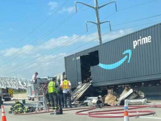 Amazon Semi-trailer truck after a fire on I-90 near Barrington Road on Wednesday, September 6, 2023