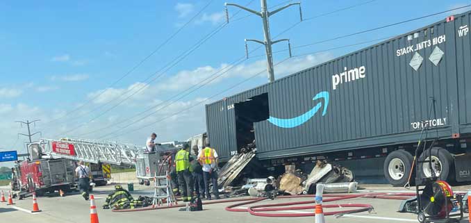 Amazon Semi-trailer truck after a fire on I-90 near Barrington Road on Wednesday, September 6, 2023