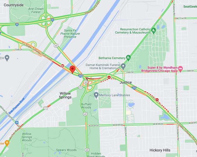 Crash map on I-294 at the Mile Long Bridge at the Des Plaines River on Friday morning, September 8, 2023 (Map data ©2023 Google)