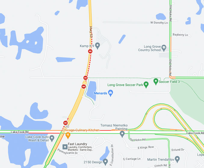 Head-on truck crash map on Route 53 near Menard's in LongGrove (©2023 Google Maps)