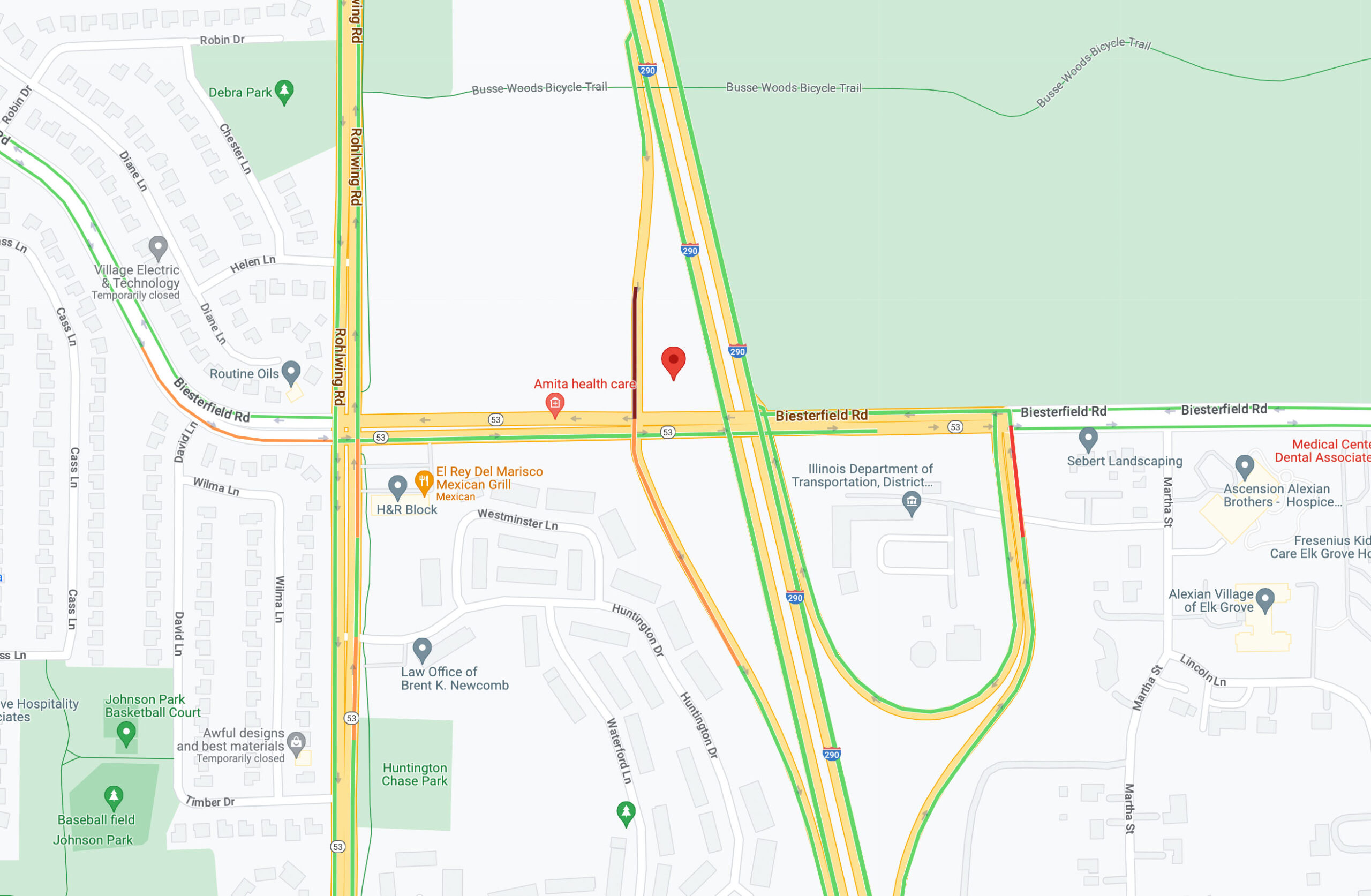 I-290 Biesterfield Road Manhunt Google Traffic Map Thursday, September 21, 2023 about 9:40 p.m. (Map data ©2023 Google)