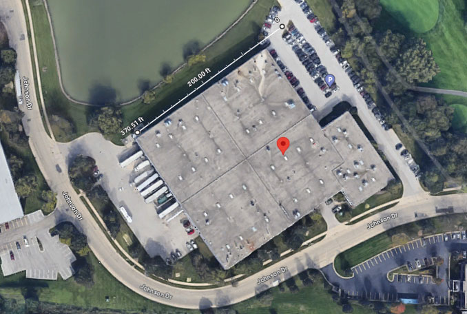 Distance 370 feet along the north wall and part of the northeast parkng lot at 1010 Johnson Drive in Buffalo Grove (Imagery ©2023 Google, Imagery ©2023 Airbus, CNES / Airbus, Maxar Technologies, U.S. Geological Survey, USDA/FPAC/GEO, Map data ©2023)