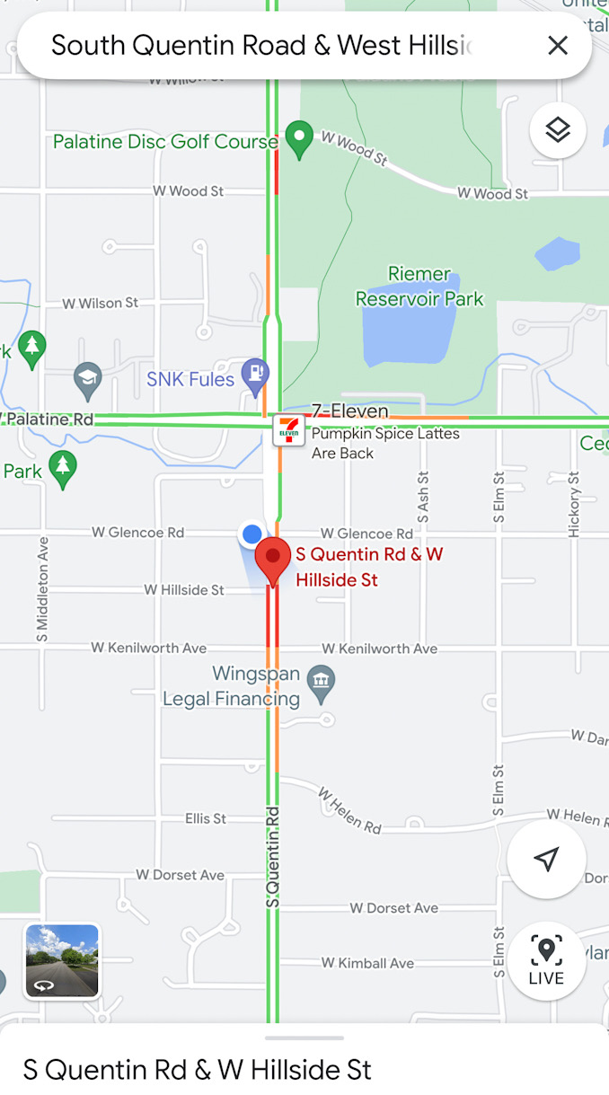 Google traffic map at 4:44 p.m. Monday, October 30, 2023 at Quentin Road and Hillside Street in Palatine where a female driver was killed