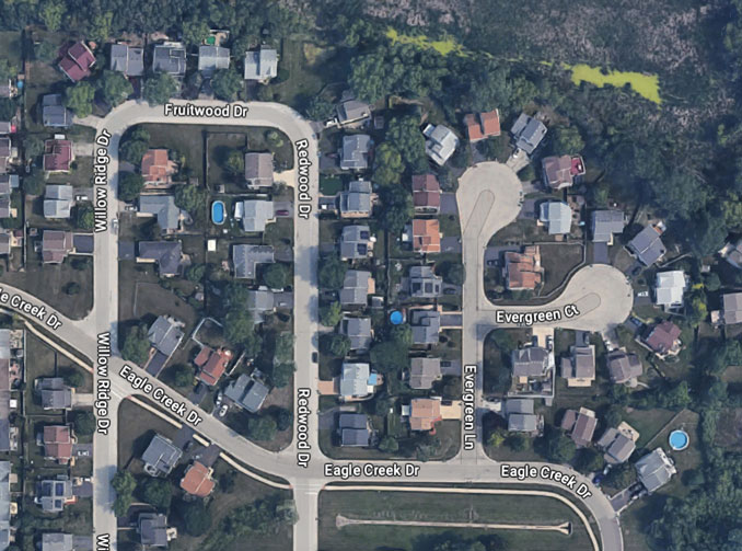 Redwood Drive to the west and Evergreen Lane to the east -- both in the 2000 block in Round Lake Beach (Imagery ©2023 Google Imagery ©2023 Airbus, Maxar Technologies, U.S. Geological Survey, USDA/FPAC/GEO, Map data ©2023 Google)