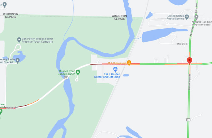 Fatal crash map of Russell Road near the Des Plaines River on Tuesday, October 31, 2023 (Map data ©2023 Google)