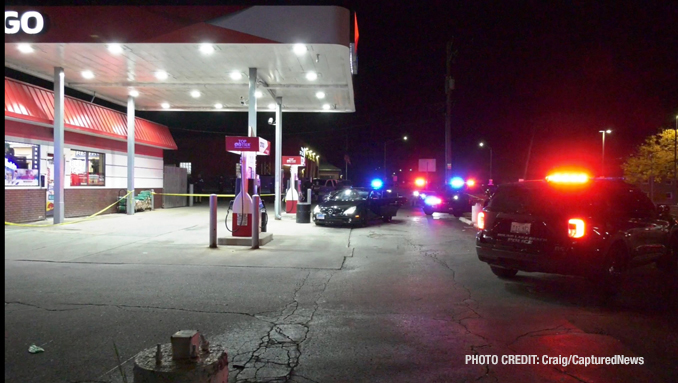 Black Mercedes sedan found with a bullet hole in the rear window at the Citgo gas station at the southeast corner of Rollins Road and Cedar Lake Road on Wednesday night, October 4, 2023 (PHOTO CREDIT: Craig/CapturedNews)