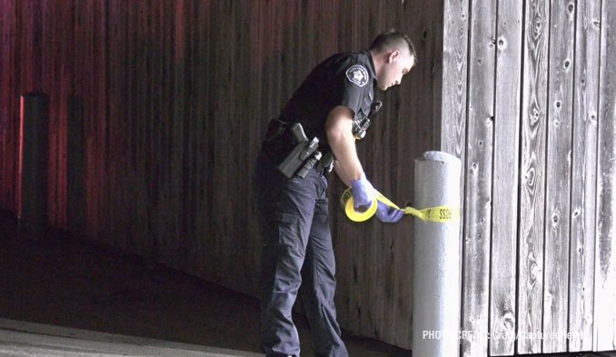 Crime scene tape up at the scene where a shooting victim was discovered at the Citgo gas station at the southeast corner of Rollins Road and Cedar Lake Road on Wednesday night, October 4, 2023 (PHOTO CREDIT: Craig/CapturedNews)