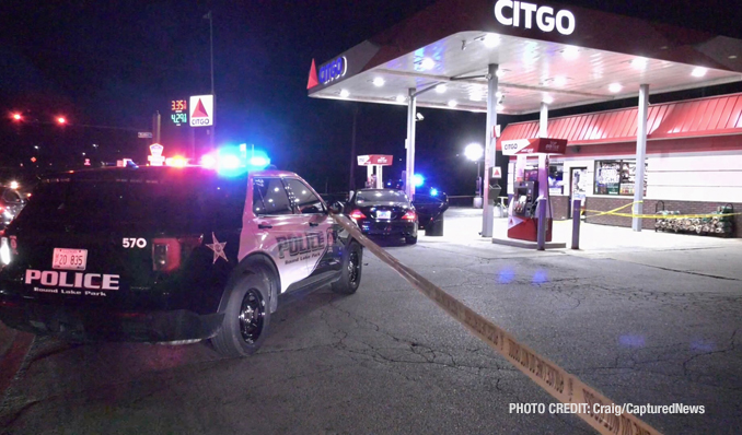 A black Mercedes sedan connected to a gunshot victim that arrived at the Citgo gas station at the southeast corner of Rollins Road and Cedar Lake Road in Round Lake Beach (PHOTO CREDIT: Craig/Captured News)